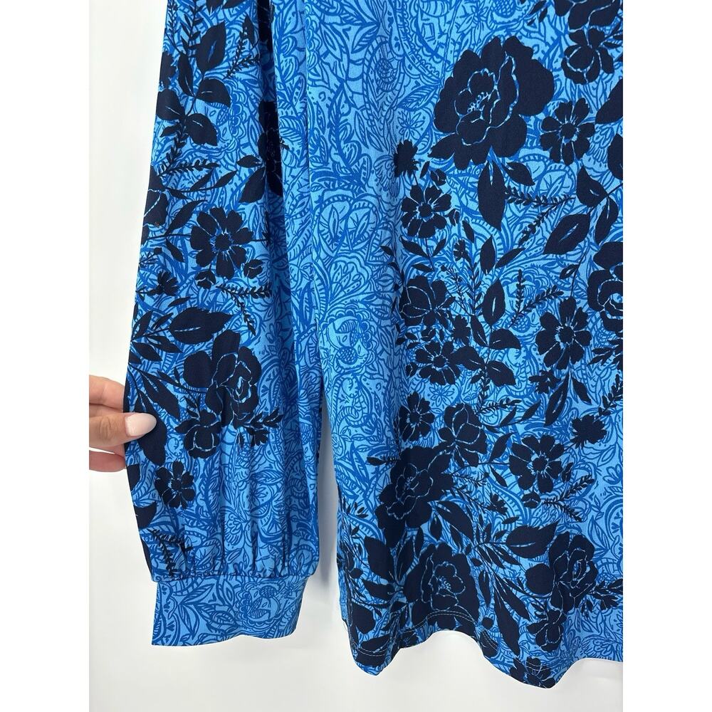 Susan Graver Liquid Knit Blue Floral Tunic Top Medium Black Long Sleeve Pleat - Picture 2 of 6
